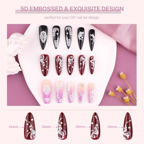 5D French Lace Nail Art Stickers, 4 Sheets Embossed Nail Decals with Tweezer, 3D Self Adhesive Classic White Lace Retro Flower Rose Vine Acrylic Nail Accessories for Wedding French Tips Design Set-6