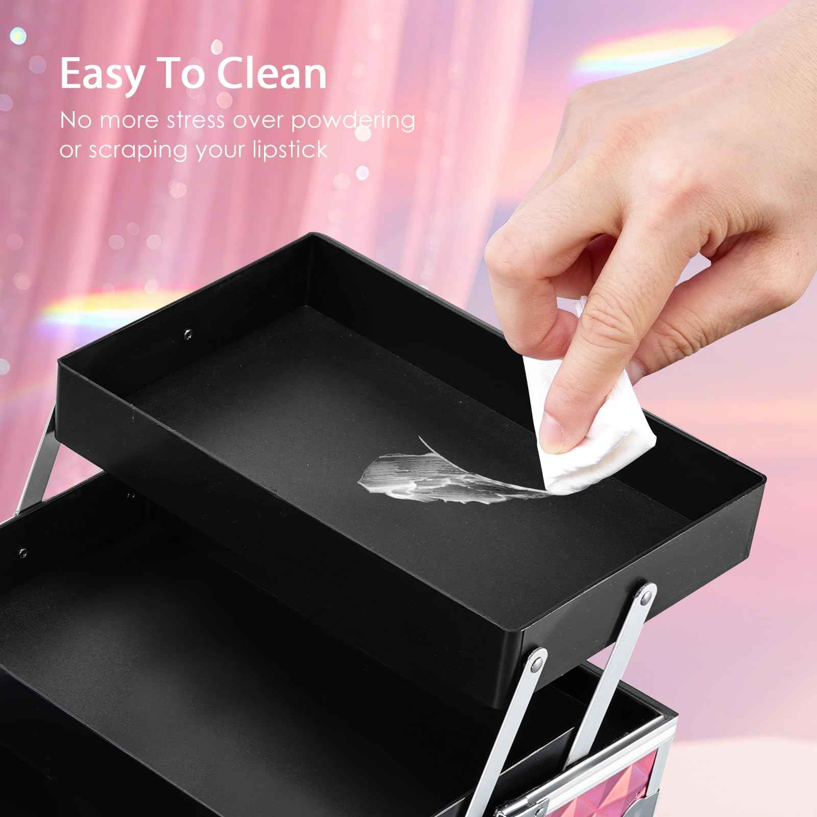 Faquenc Makeup Case with Lighted Mirror Travel Makeup Organizer Box 2 Trays Lockable Cosmetic Train Case with Movable LED Mirror for Girls Make Up Nail Kits Sewing Vanity Storage Case Shiny Pink