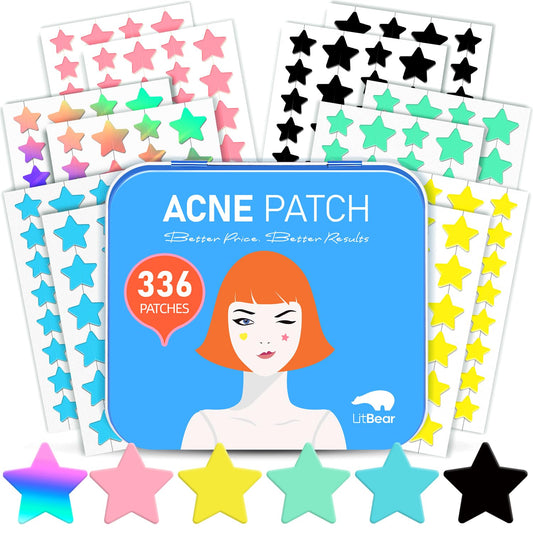 LitBear Acne Patch Pimple Patch, 6 Colors 336 Dots Star Pimple Patches with Tea Tree Oil & Centella Oil, Hydrocolloid Acne Pimple Patches for Face Cute Zit Patches Pimple Stickers Acne Dots