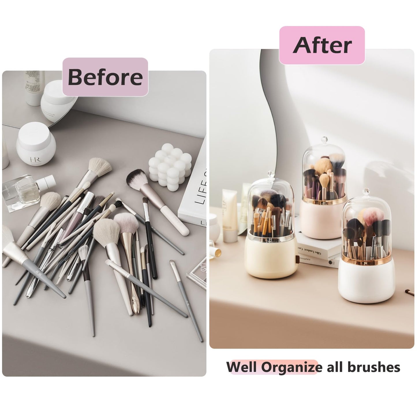 DEEIF Makeup Brush Holder Organizer with Lid 360 Rotating Dustproof Makeup Brushes Organizer for Vanity (Pearl White)