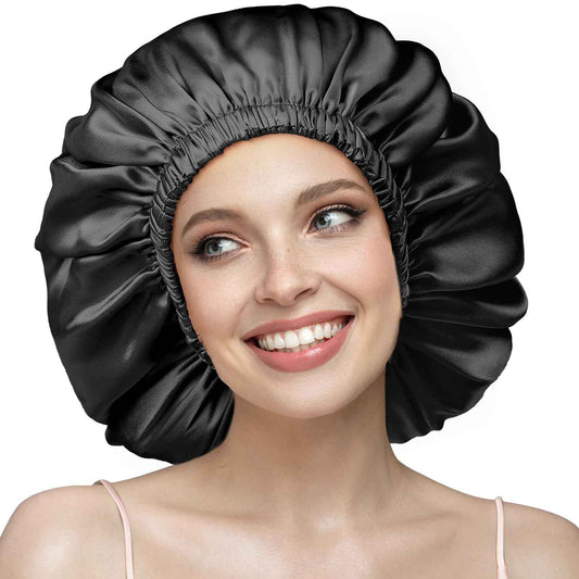 YFONG Double Layered 100% Silk Bonnet for Sleeping Women, 22 Momme Pure Mulberry Silk Sleep Shower Cap with Adjustable Elastic Band Stay On Head，Reduce Frizz, Keep Hairstyle, Black, L