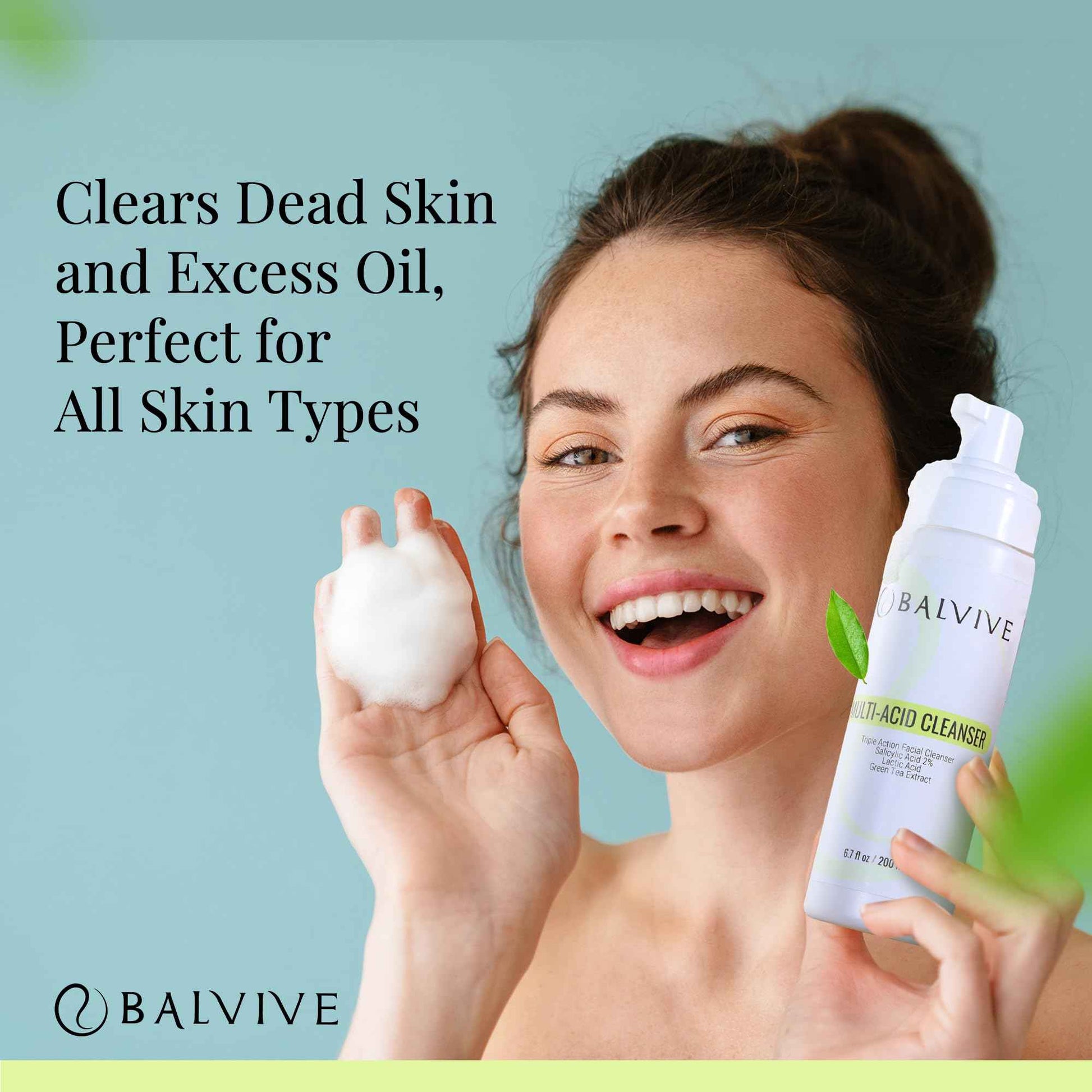 BALVIVE Foaming Facial Cleanser with Salicylic Acid, Glycolic Acid & Lactic Acid & Green Tea Extract– Face Wash for Acne, Oily & Sensitive Skin – Makeup Remover & Pore-Cleansing Skincare 6.7 fl oz