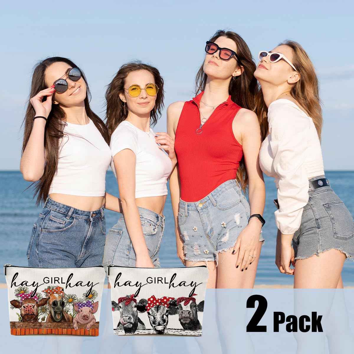 DHKG 2pcs Funny Farm Animals Cow Stuff Western Makeup Bag, Farm Animals Cosmetic Bag Cow Gifts for Women Female Girls Sister BFF, Christmas Birthday Gift, Western Stuff Travel Toiletry Bags