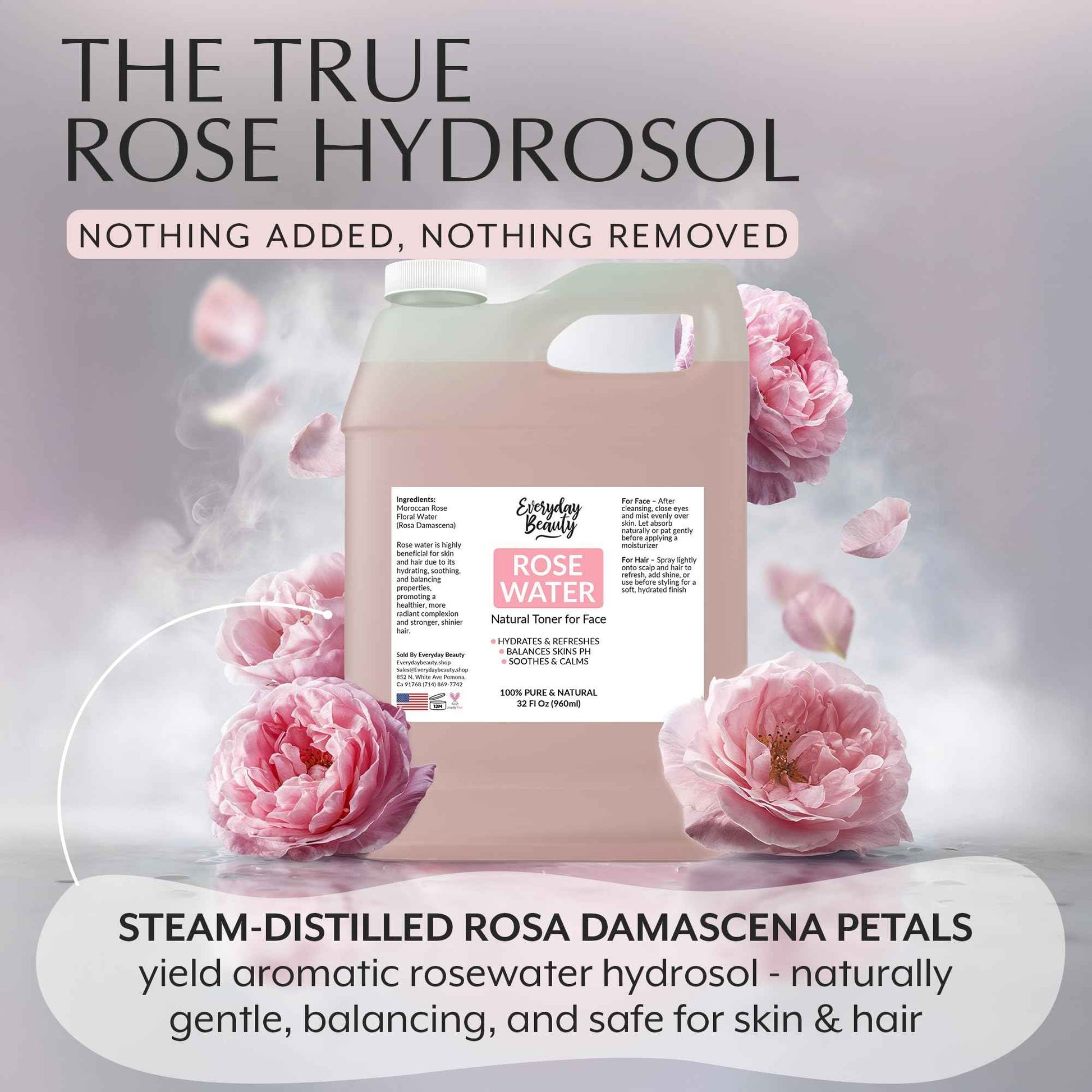 Rose Water Facial Toner - 32oz Bulk Alcohol-Free Vegan All Natural Refreshing for Face and Hair - Uplifts, Calming & Soothing for All Skin Types