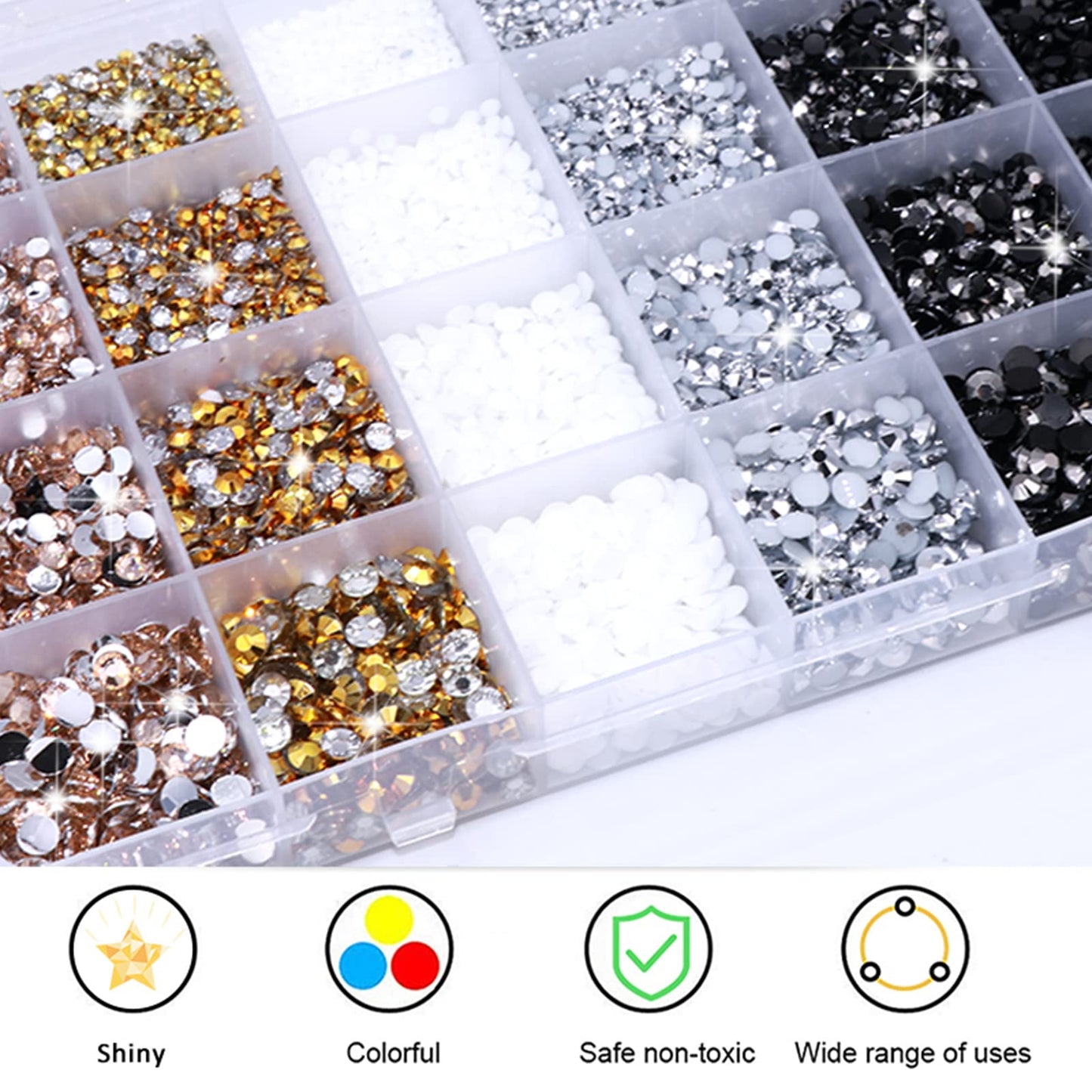 BELICEY 24000PCS Black White Resin Crystal Nail Rhinestones Round Beads Flatback Bulk Gems Stones Multi Sizes Gold Rhinestones Nail Crystals for Nail DIY Crafts Clothes Shoes Jewelry