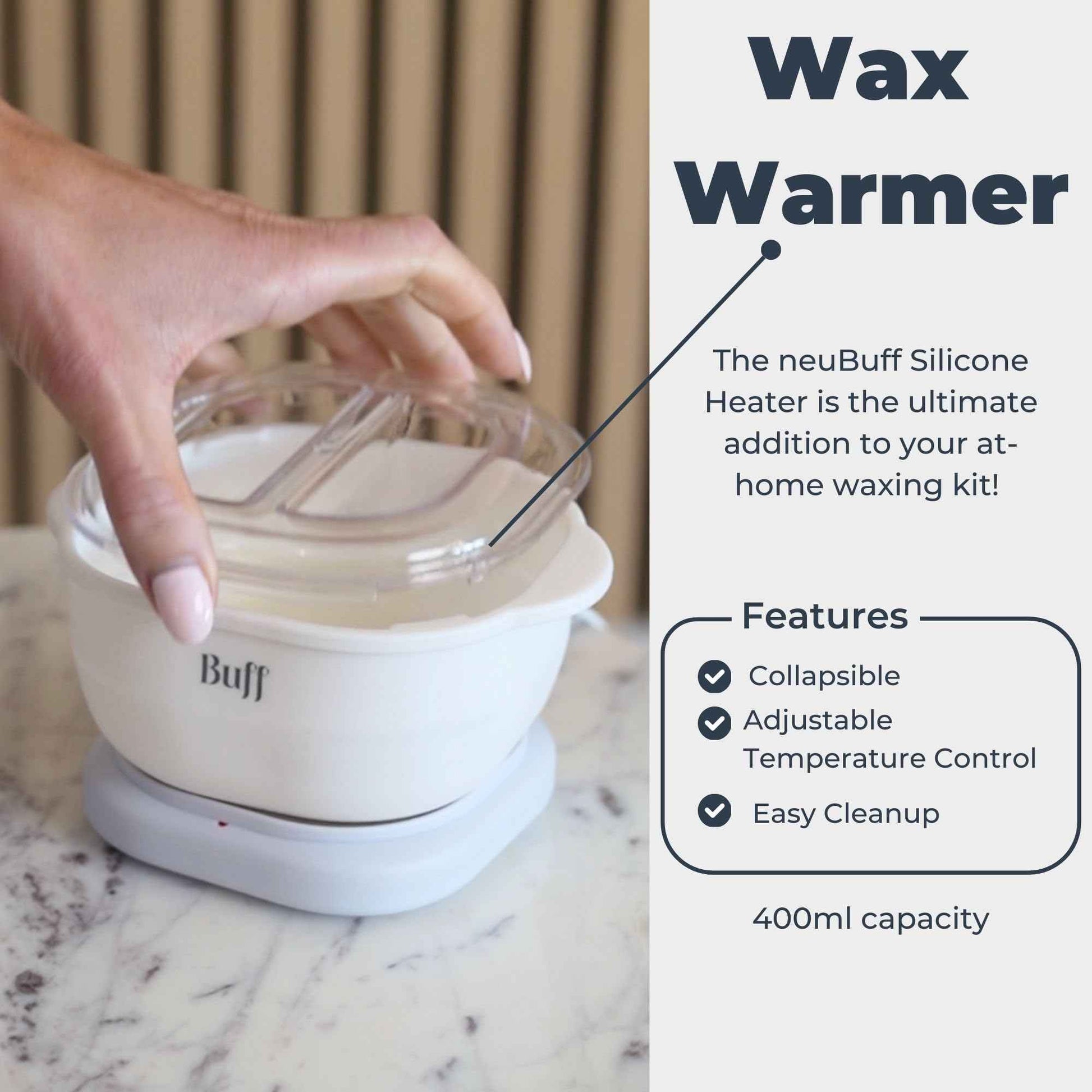 neuBuff Collapsible Silicone Wax Heater, Wax Warmer for Hair Removal, Fast Heating, Easy Cleanup and Storage, 400ml Capacity, Perfect for At-Home Waxing
