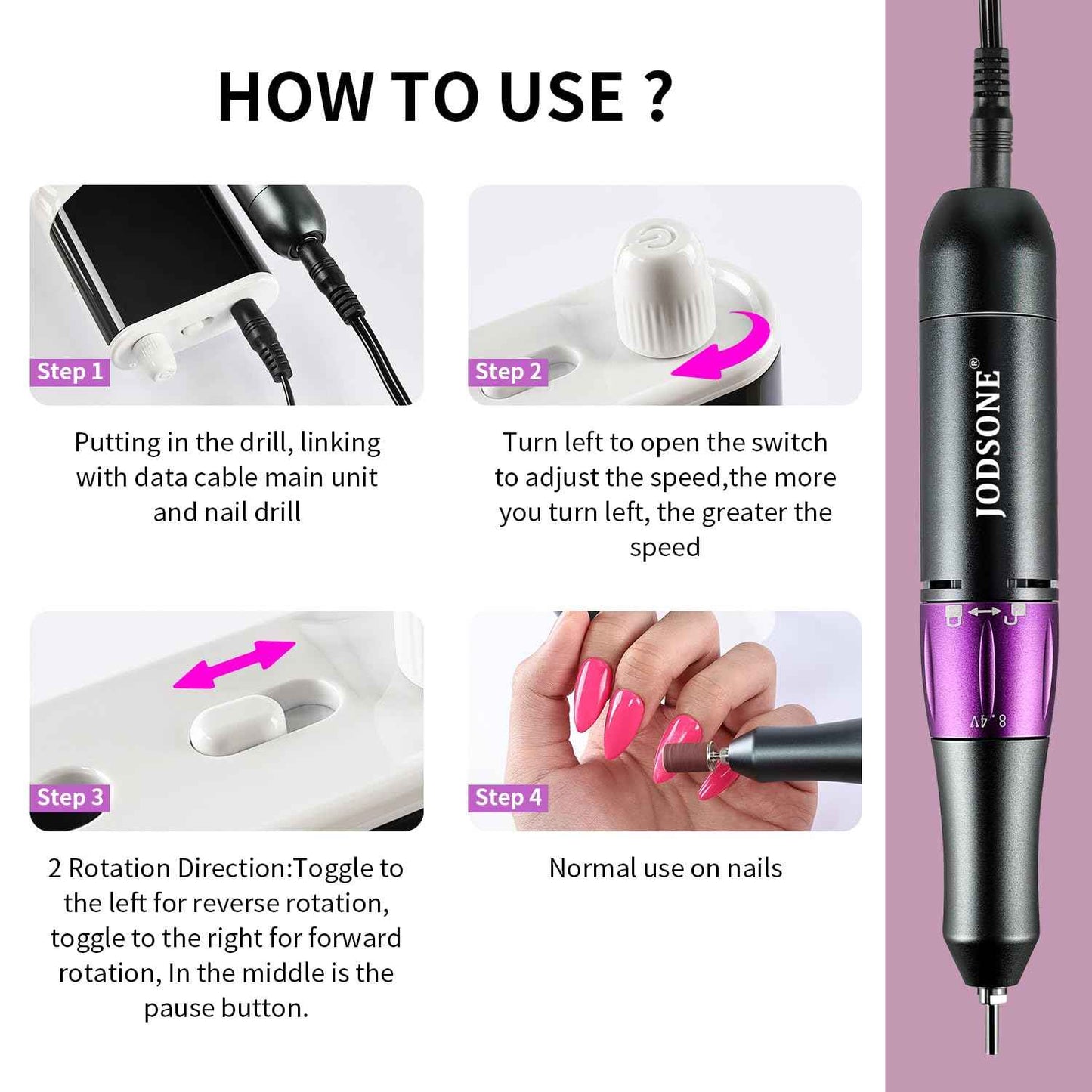 JODSONE Professional Nail Drill 45000 RPM Rechargeable Nail File for Nail Gel Removal Low Noise Portable for Home and Salon