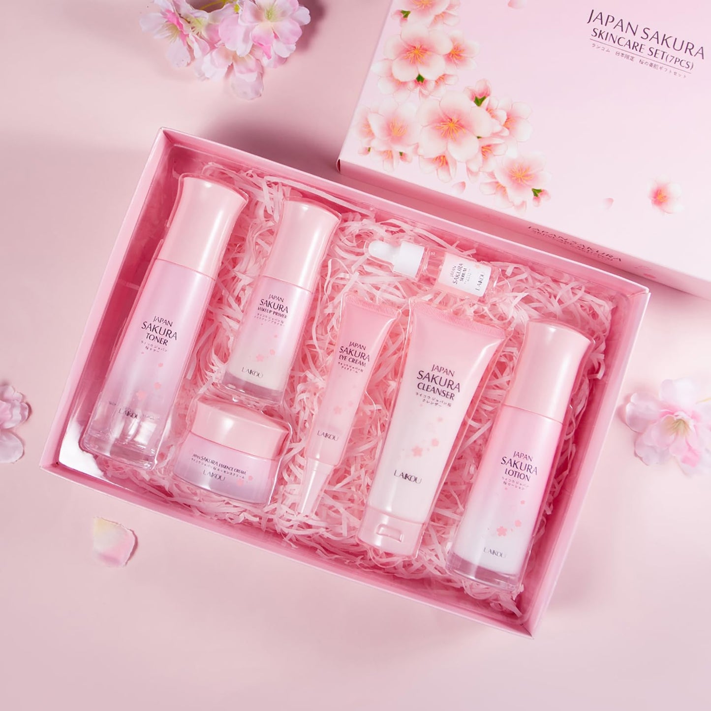 Skin Care Set JAPAN SAKURA Beauty Gift Sets Skin Care Kit with Cleanser, Toner, Lotion, Serum, Eye Cream, Face Cream, Make up Primer Travel Kit for Women Wife Mom 7pcs