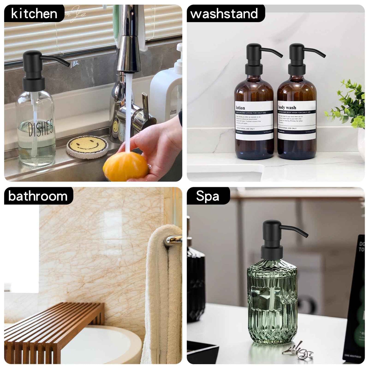 2PCS Stainless Steel Black Soap and Lotion Dispensers Pump Replacement,Smooth Action Replacement for Round 1.1in (28 mm) Neck Bottles,Rust Proof&Leak Proof