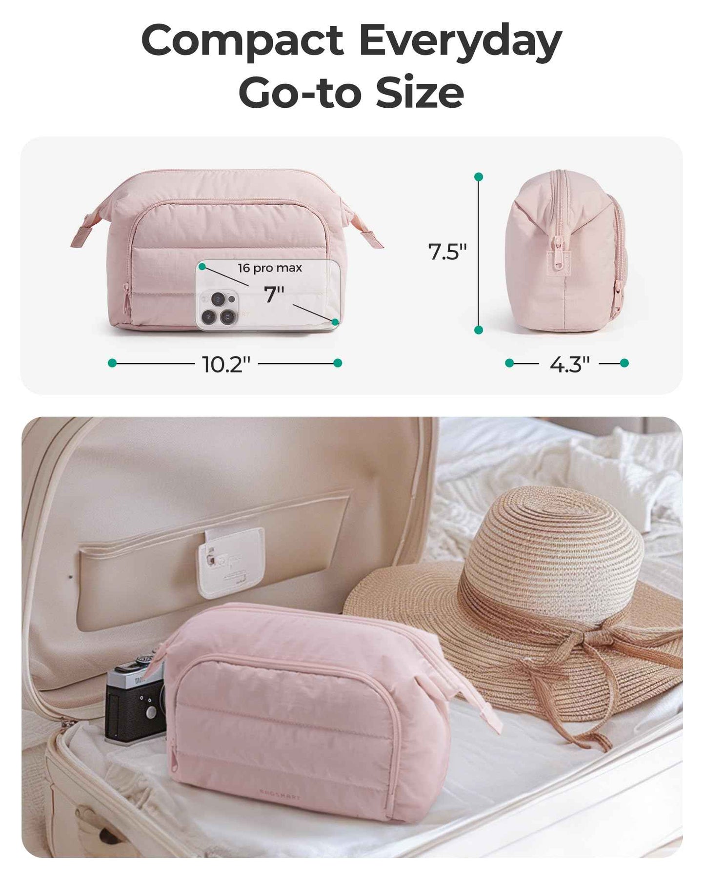 BAGSMART Makeup Bag Travel Toiletry Bag, Puffy Padded Make Up Bags for Women, Makeup Organizer Wide-open Pouch Purse, Travel Essentials for Toiletries Accessories Brushes, Pink