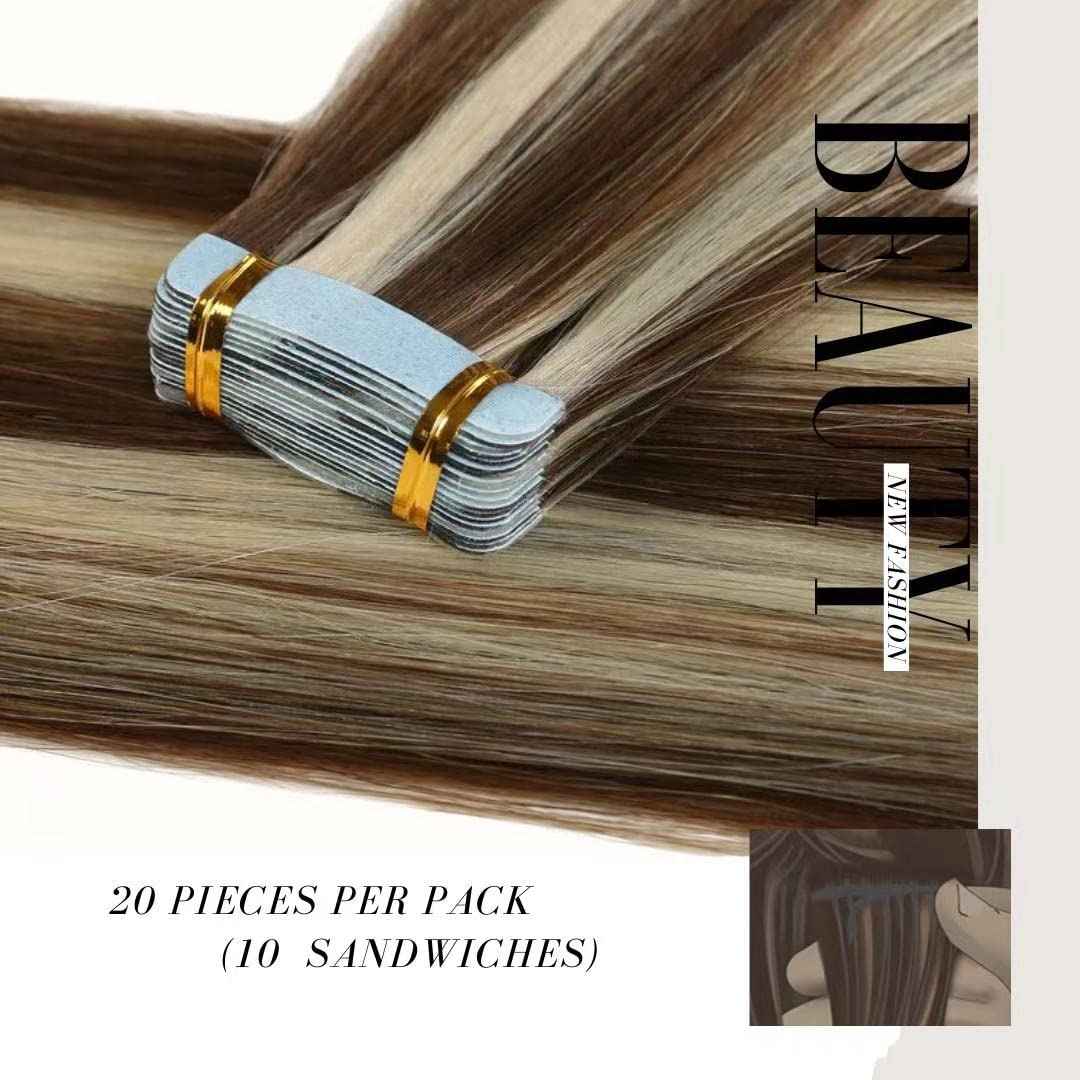 RINBOOOL Tape in Hair Extensions Human Hair, 16 Inch 40 Gram 20 Pieces, Real Natural Remy, 2 Tone Piano Color, Platinum Blonde Highlighted Medium Brown, 6/60