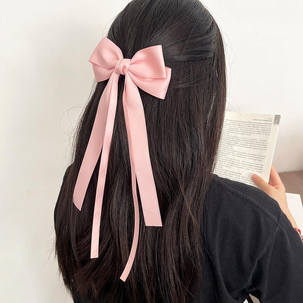 Large Hair Bows 2 PCS Ribbon Bow for Women,Hair Bows for Women,Oversized Long-tail Cute Aesthetic Hair Accessories,Large Hair Barrettes for Women,Big Bows for Girls（white, pink）