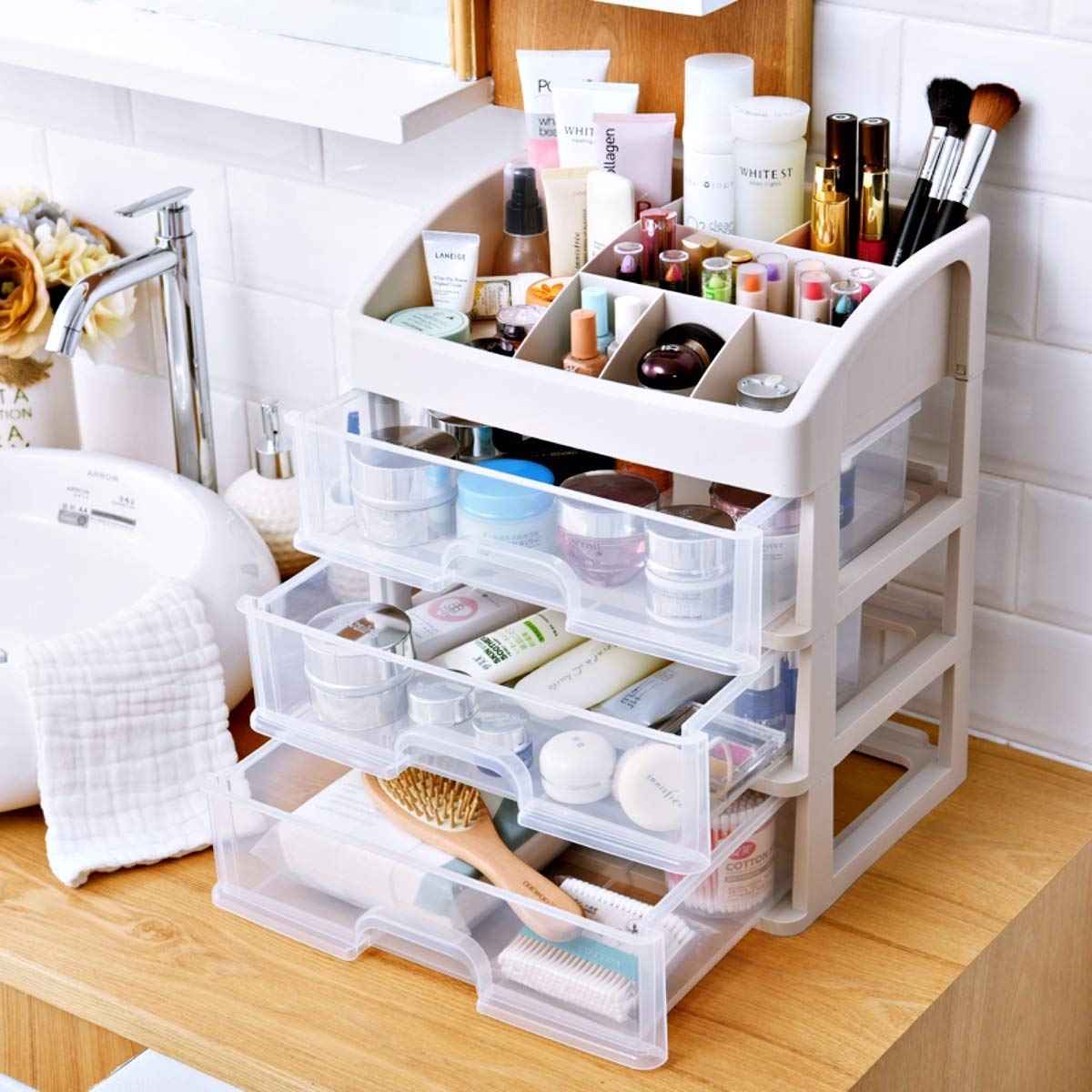 Simbuy Makeup Organizer With Drawers —Bundle Countertop Organizer for Cosmetics, Vanity Holder for Lipstick, Brushes, Lotions, Eyeshadow, Nail Polish and Jewelry
