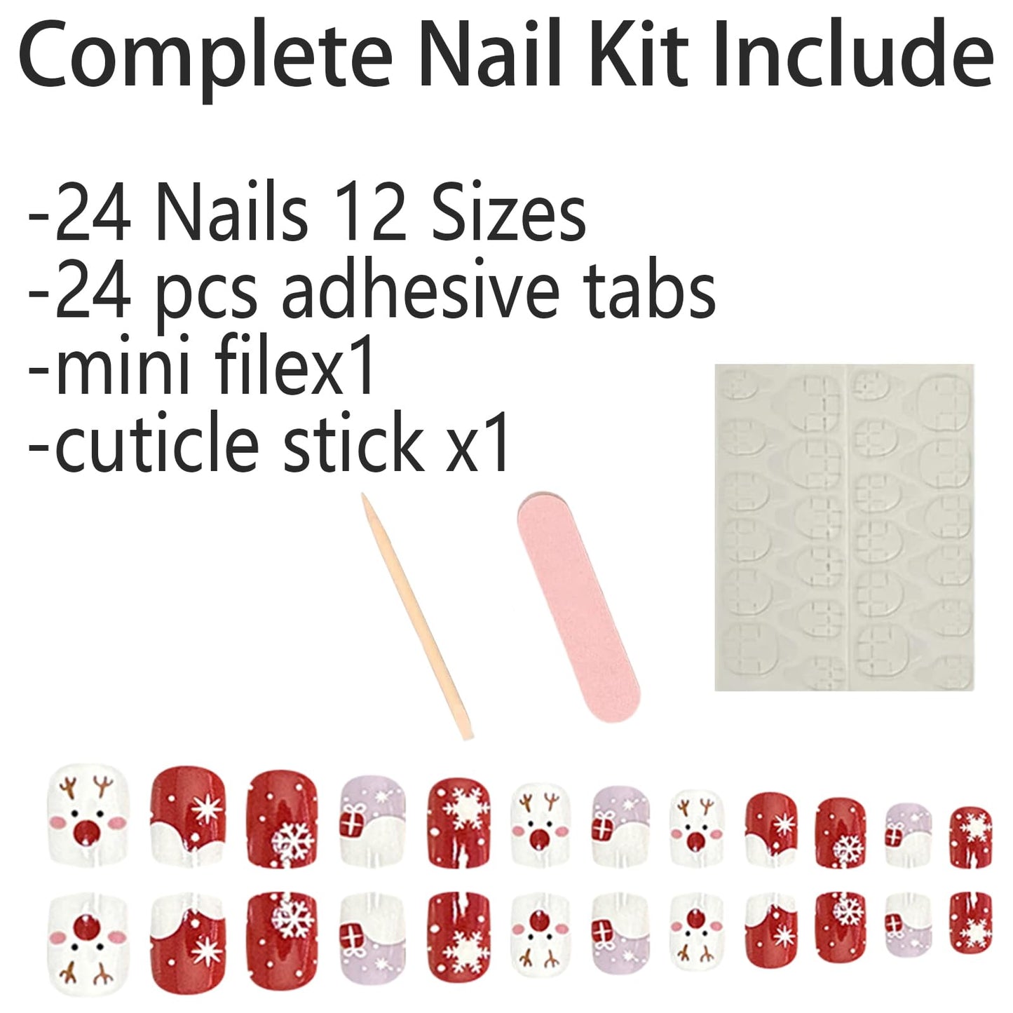 24PCS Christmas Nails Press on Short Red White French Tip Square Fake Nails with Snow White Elk Snowflake Design False Nails Full Cover Winter Xmas Stick on Nails for Women Girls Nail Art Decoration