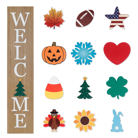 Interchangeable Welcome Sign for Front Porch- 45"X9" Large Standing/Hanging Wooden Sign with 12 PCS Replaceable Icons for Farmhouse Harvest Fall Halloween Thanksgiving Christmas Porch Wall Yard Decorations