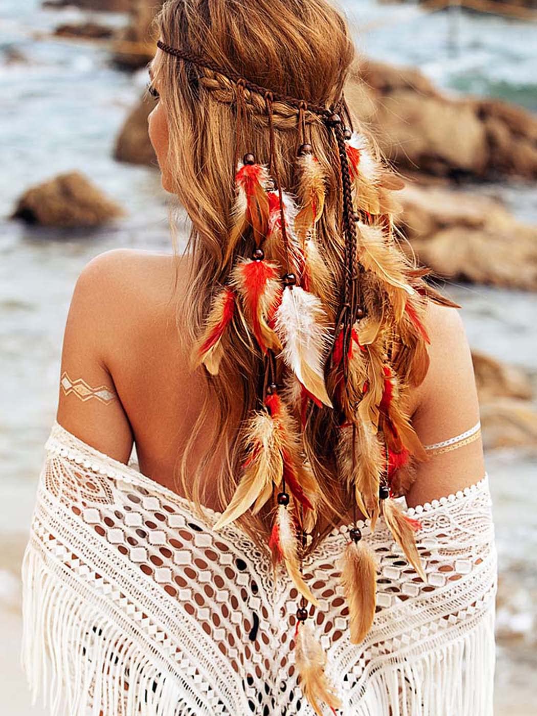 CAKURE Boho Feather Headbands Indian Headdress Gypsy Headpiece Peacock Hair Bands Bohemian Hippie Headbands Adjust Headwear Long Feather Hair Accessories for Women and Girls (Type B)