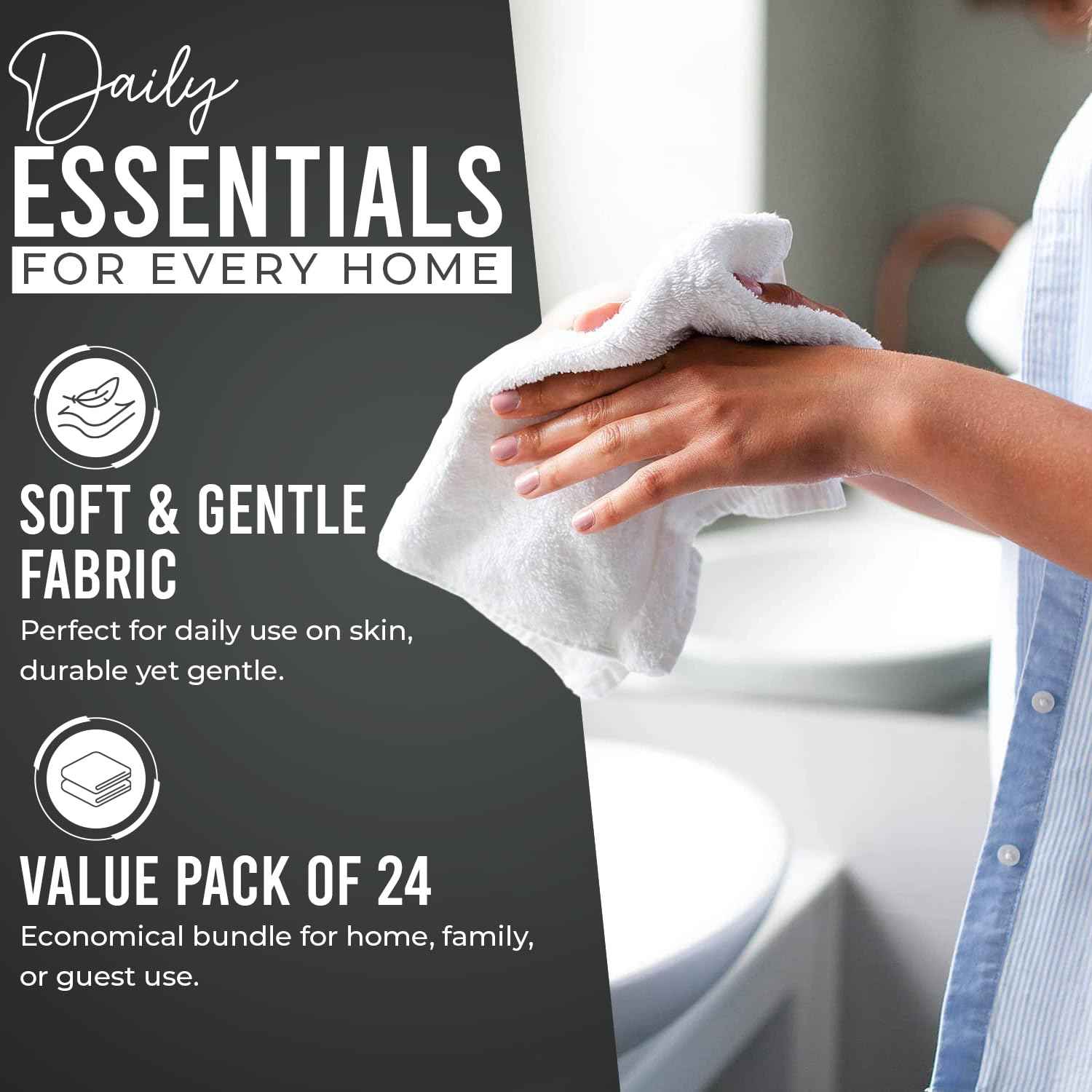 DAN RIVER 100% Cotton Wash Cloths 24 Pack [12x12] Soft & Absorbent face wash Cloth, Gym, Hotels & Spa Perfect for Everyday Use Fingertip Towels, Gray