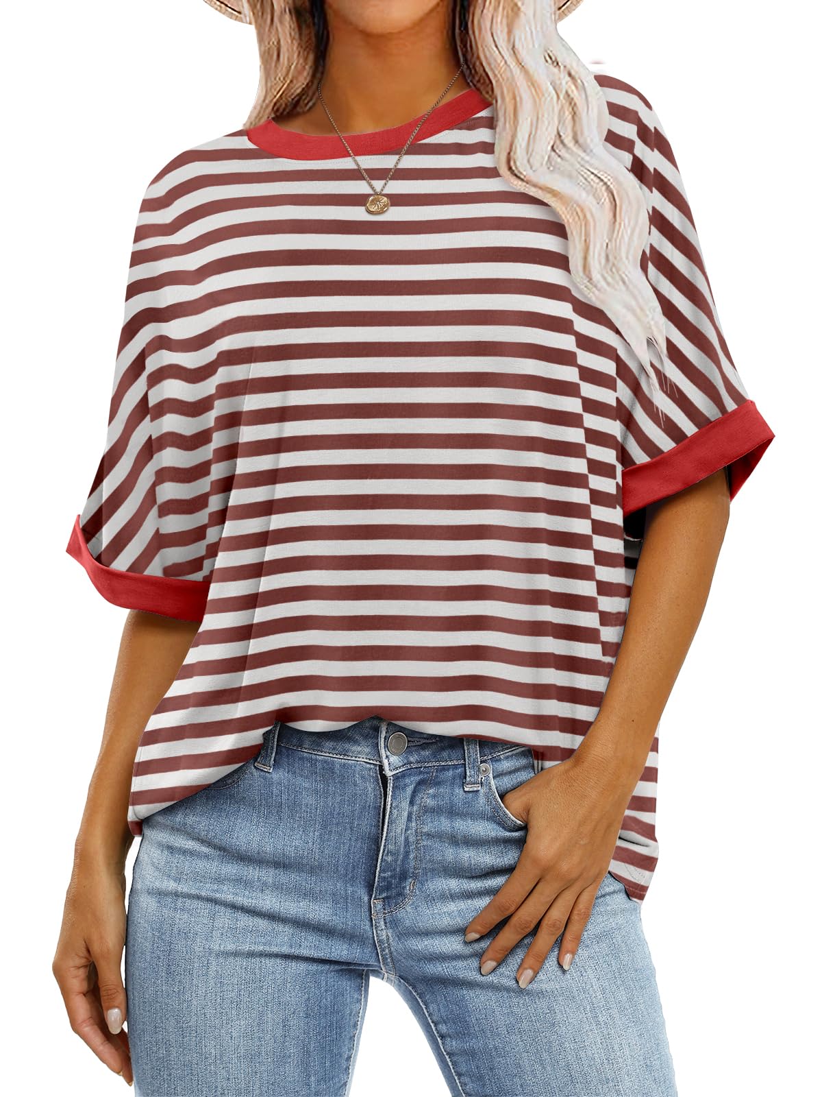 ANRABESS Women's Oversized T Shirts Striped Short Sleeve Crewneck Summer Tops Casual Loose Basic Tee Shirts 2024 Trendy Clothes Brown-White Small