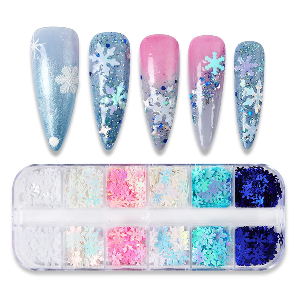 12 Grids Blue Snowflake Nail Sequins - 3D Snow Flakes Nail Glitters Christmas Snowflakes Nail Designs Xmas Nail Art Stickers for Winter Holiday Nail Stickers for Christmas Party Decoration Accessories