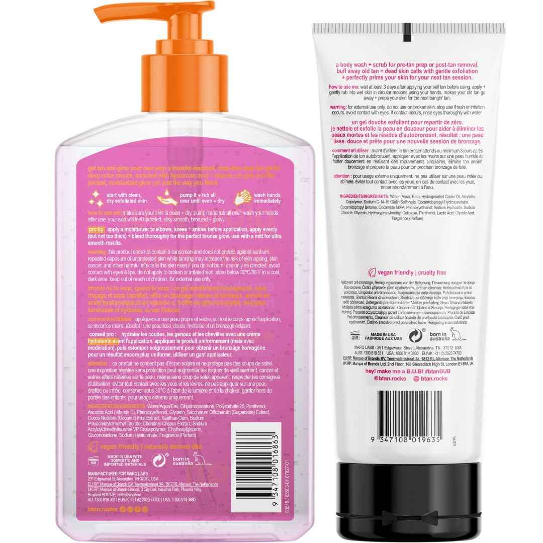 b.tan Clear Self Tanning Gel & Exfoliating Kit | Glow Your Own Way + Erase Tan Repeat Bundle - 1 Hour Express, Transfer-Resistant Dark Fake Tanner, 2-in-1 Exfoliator Scrub & Body Wash with Mitt