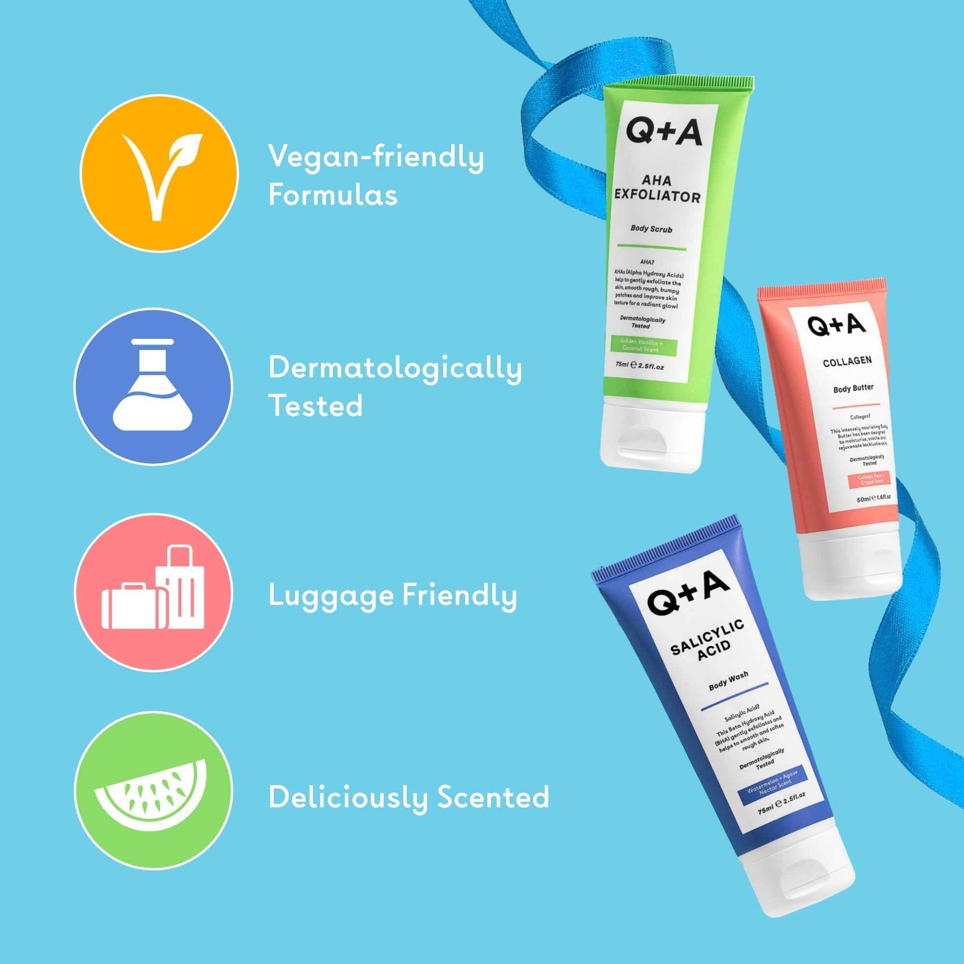 Q+A Bodycare Treats Gift Set, 3-Step Routine for Smooth, Soft Skin, Salicylic Acid Body Wash (75ml), AHA Body Scrub (75ml) & Collagen Body Butter (50ml), Stocking Stuffers and Travel Size Toiletries