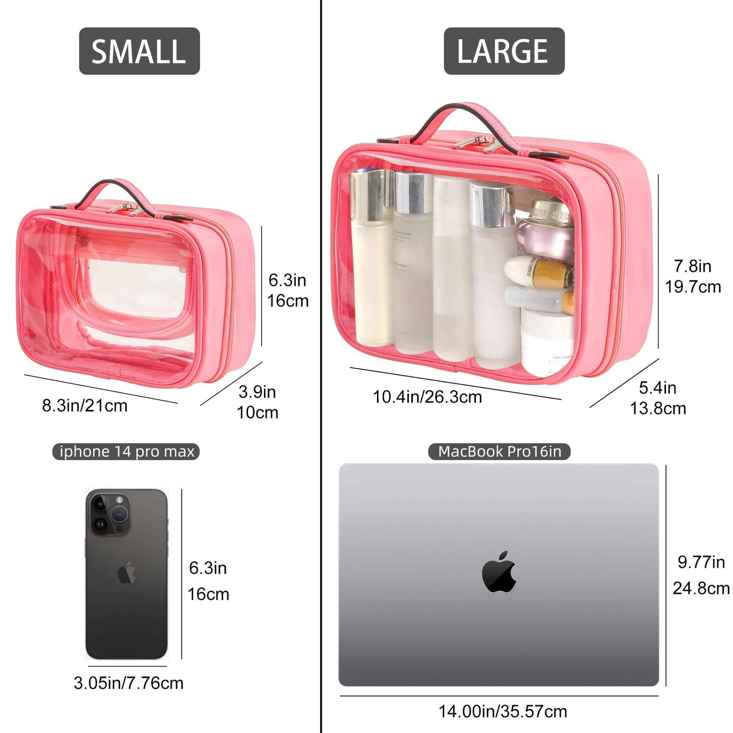 Veki TSA Approved Toiletry Bag Transparent Makeup bag Double Travel Cosmetic bags Case Waterproof Toiletries Bag Large Capacity Open Storage bag Organizer for Women and Girls (Small Rose Red)