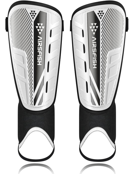 Upgraded Soccer Shin Guards for Kids Youth Adults, CE Certified AirsFish Shin Guard Sleeves Protection Gear for Boys Girls Soccer Games EVA Cushion Reduce Shocks and Injuries (X-Small, White+Black)