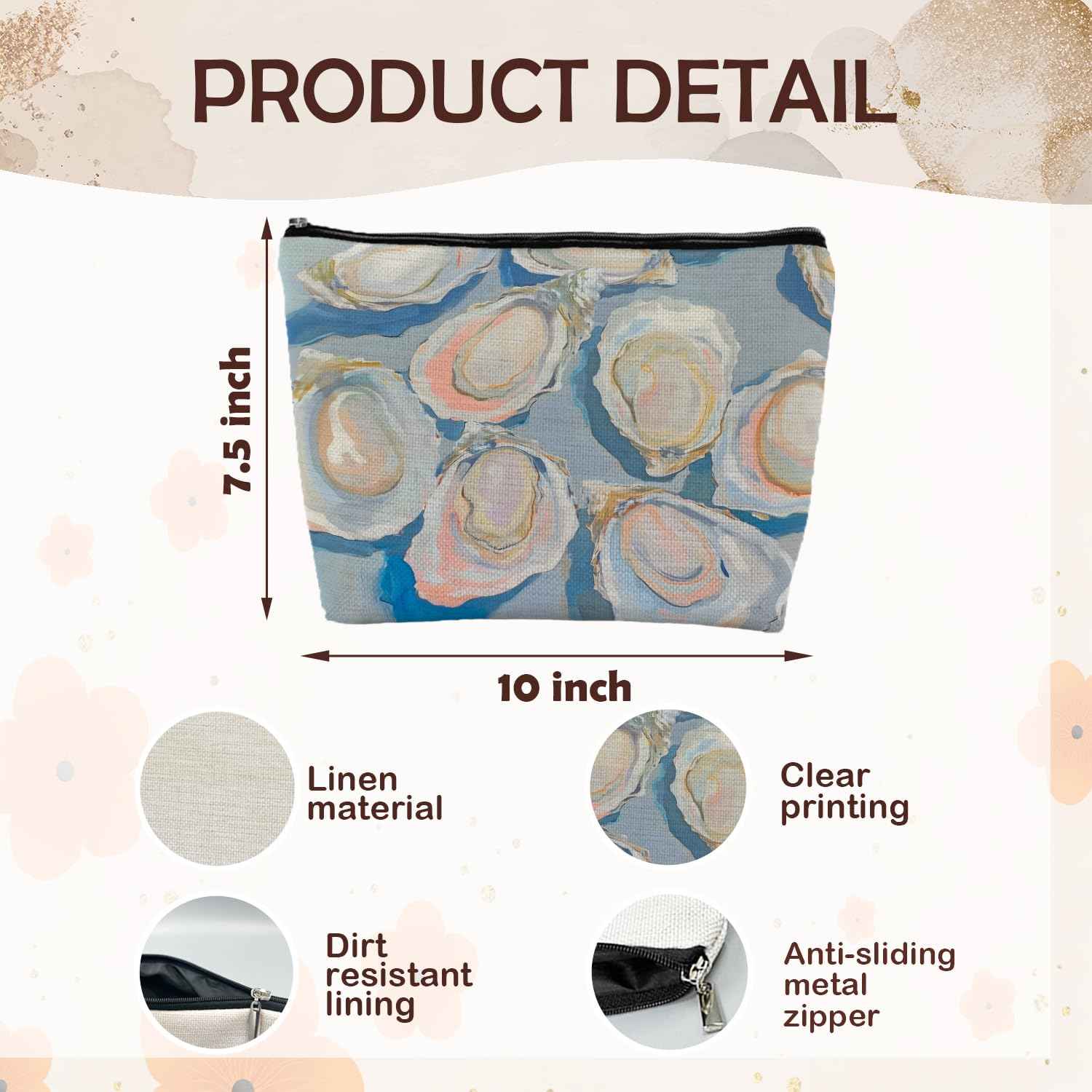 ignytiger Blue Coastal Beach Oyster Shell Makeup Bag, Abstract Nautical Seashell Cosmetic Toiletry Bags for Women, Beachy Makeup Pounch, Beach Lover Gifts Zipper Pouches for Purse