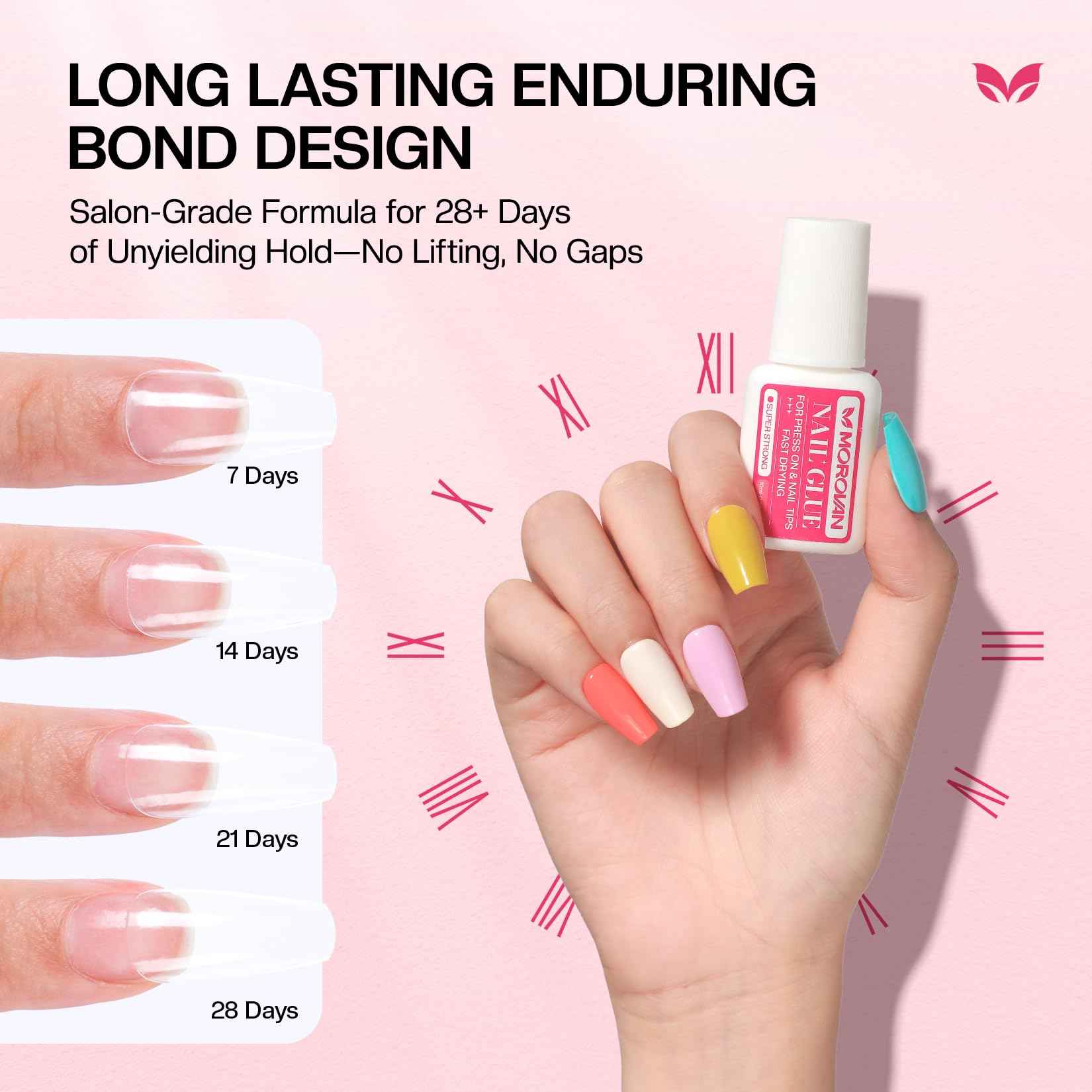 Morovan Super Strong Nail Glue: Nail Glue for Press Ons & Acrylic & Fake Nails Tips Brush on Long-Lasting Fast-Drying No U V Light Needed for Beginners DIY Home or Salon Manicure