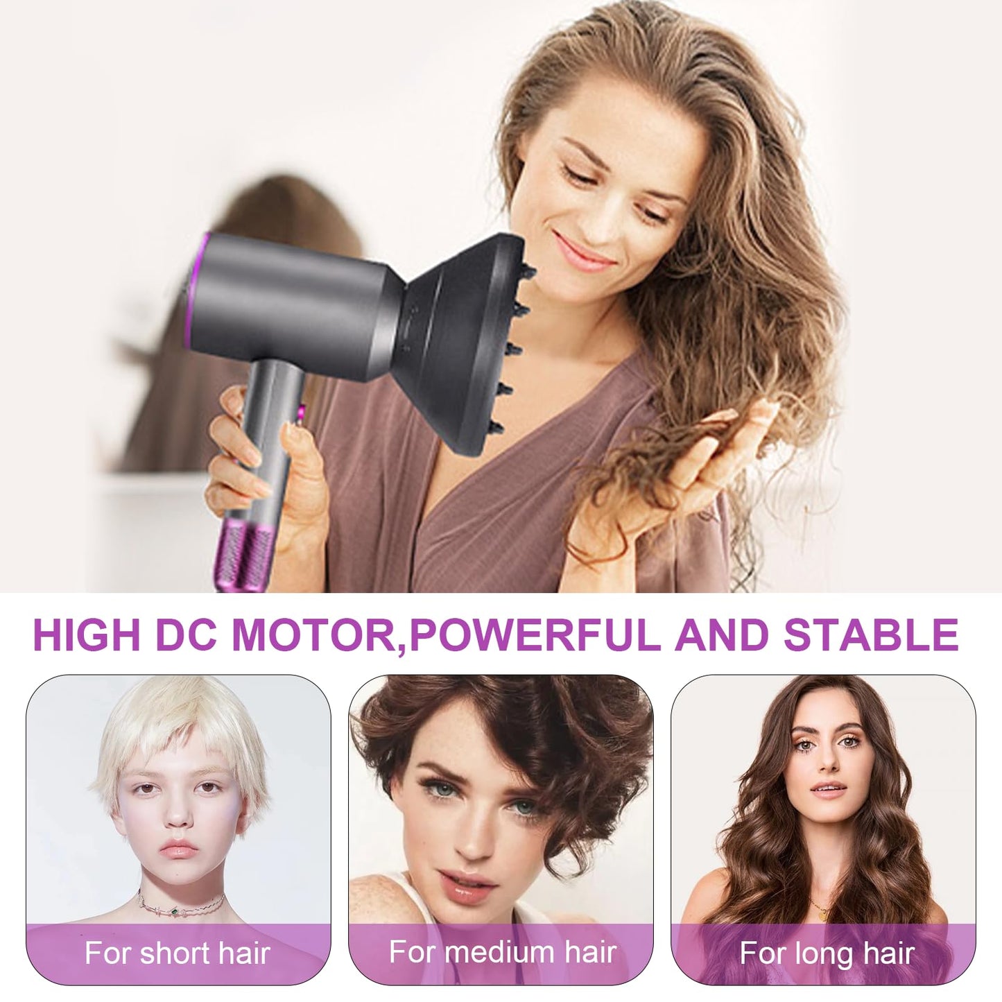 Hair Dryer with Diffuser-Professional Ionic Hair Dryer, Powerful 1875W Fast Drying Low Noise Blow Dryer with 1 Concentrator Nozzle 1 Diffuser Attachments for Home Salon Travel,Gifts for Wife/Mom/Women