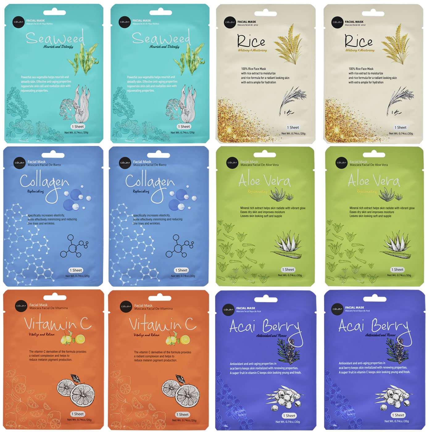 Celavi Essence Facial Face Mask Paper Sheet Korea Skin Care Moisturizing 12 Pack (Mix - 2 of Each)