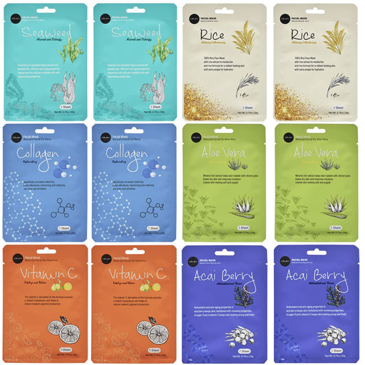 Celavi Essence Facial Face Mask Paper Sheet Korea Skin Care Moisturizing 12 Pack (Mix - 2 of Each)