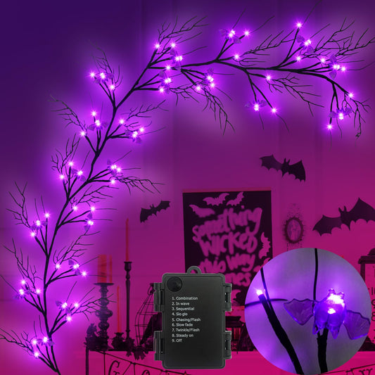 [Timer & 8 Modes] Krissing 6Ft 57 LED Halloween Willow Vine Twig Halloween Garland with 19 Bats Purple Lights Waterproof Battery Operated Halloween Lights Home Indoor Wall Fireplace Mantle Decor