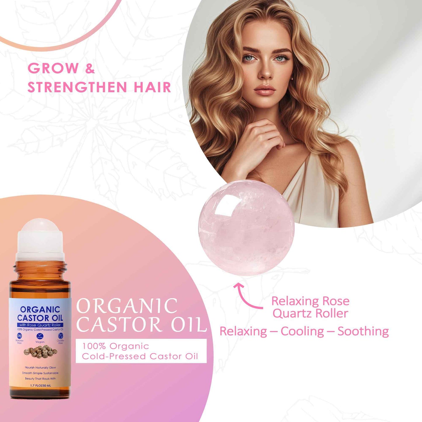 tuyapio Organic Golden Castor Oil Roll-On with Rose Quartz Roller, Cold-Pressed Pure Organic Castor Oil Roller Ball for Hair Growth, Eyelashes, Eyebrows & Skin, 1.7 fl oz (2)