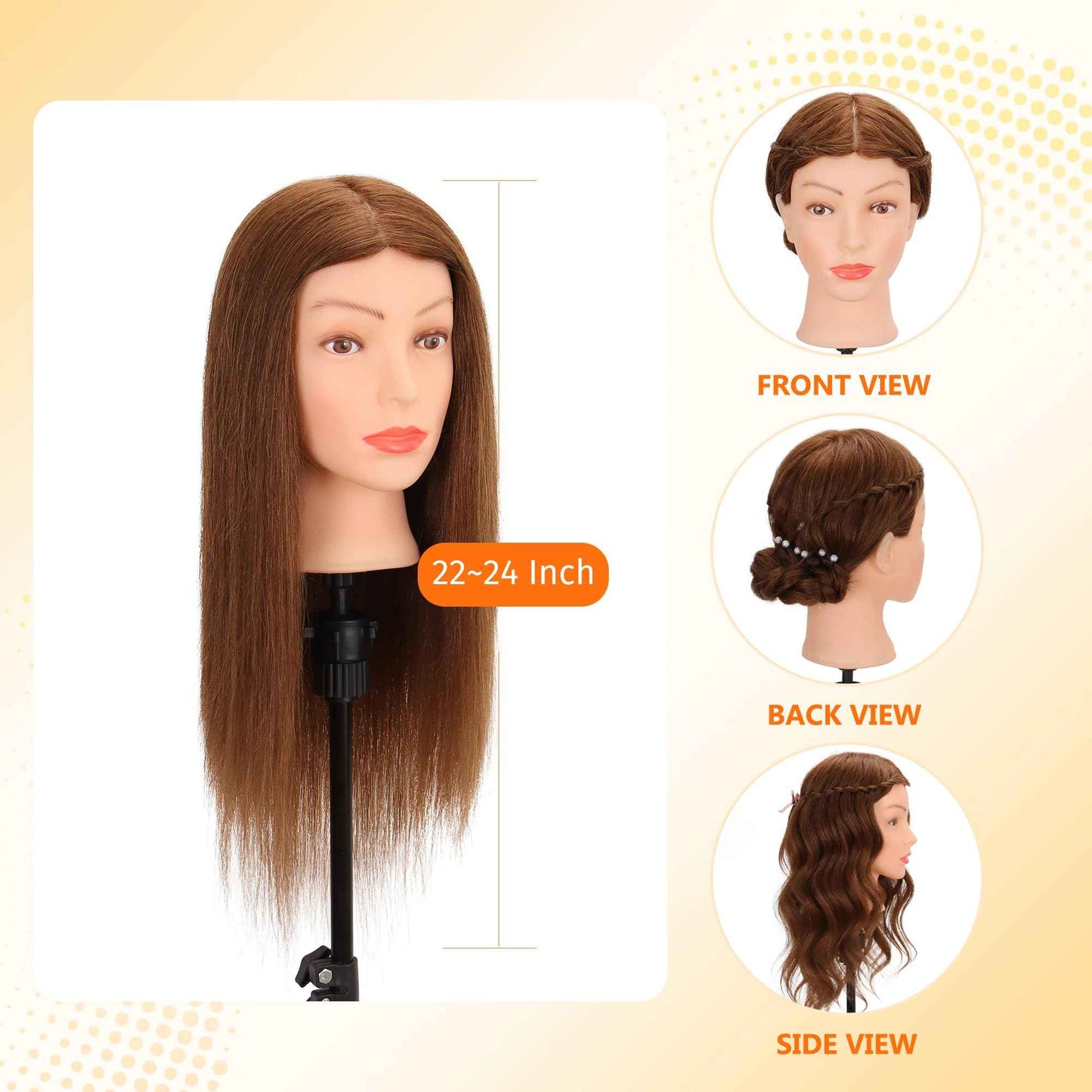 Mannequin Head Human Hair 100% Real Hair Cosmetology Mannequin Head for Practice Braiding Hairstyling Cutting with Tools and Tripod Stand (Dark Brown)