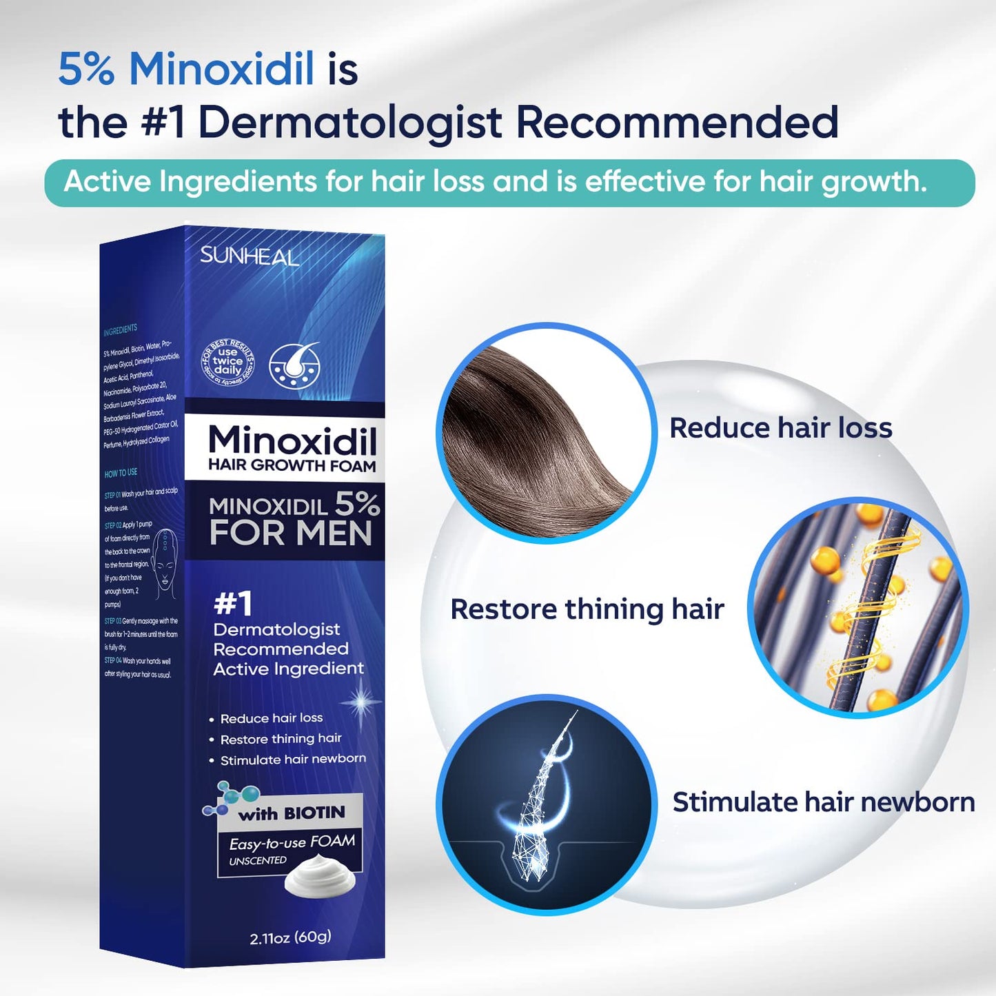 5% Minoxidil Foam for Men with Brush Minoxidil Hair Regrowth Treatment for Men Minoxidil & Biotin Helps Restore Thinning Hair & Reduce Hair Loss Treatments for Men 60g 1-Month supply