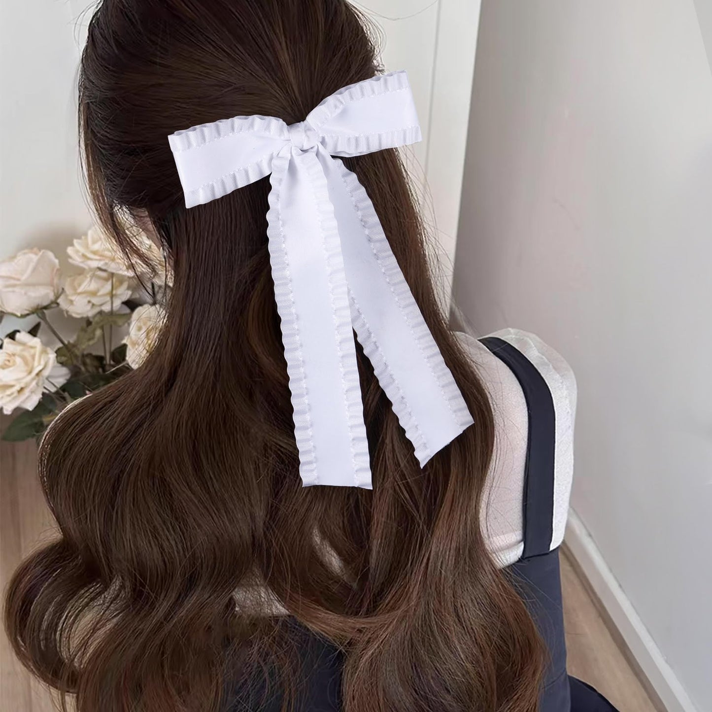 2Pcs Ruffle Ribbon Hair Bows for Women Girls,Big White Silky Satin Tassel Bowknot Hair Clips Barrettes with Long Tail Toddler Teens Kids Ponytail Holder Decor Accessories 5.5in