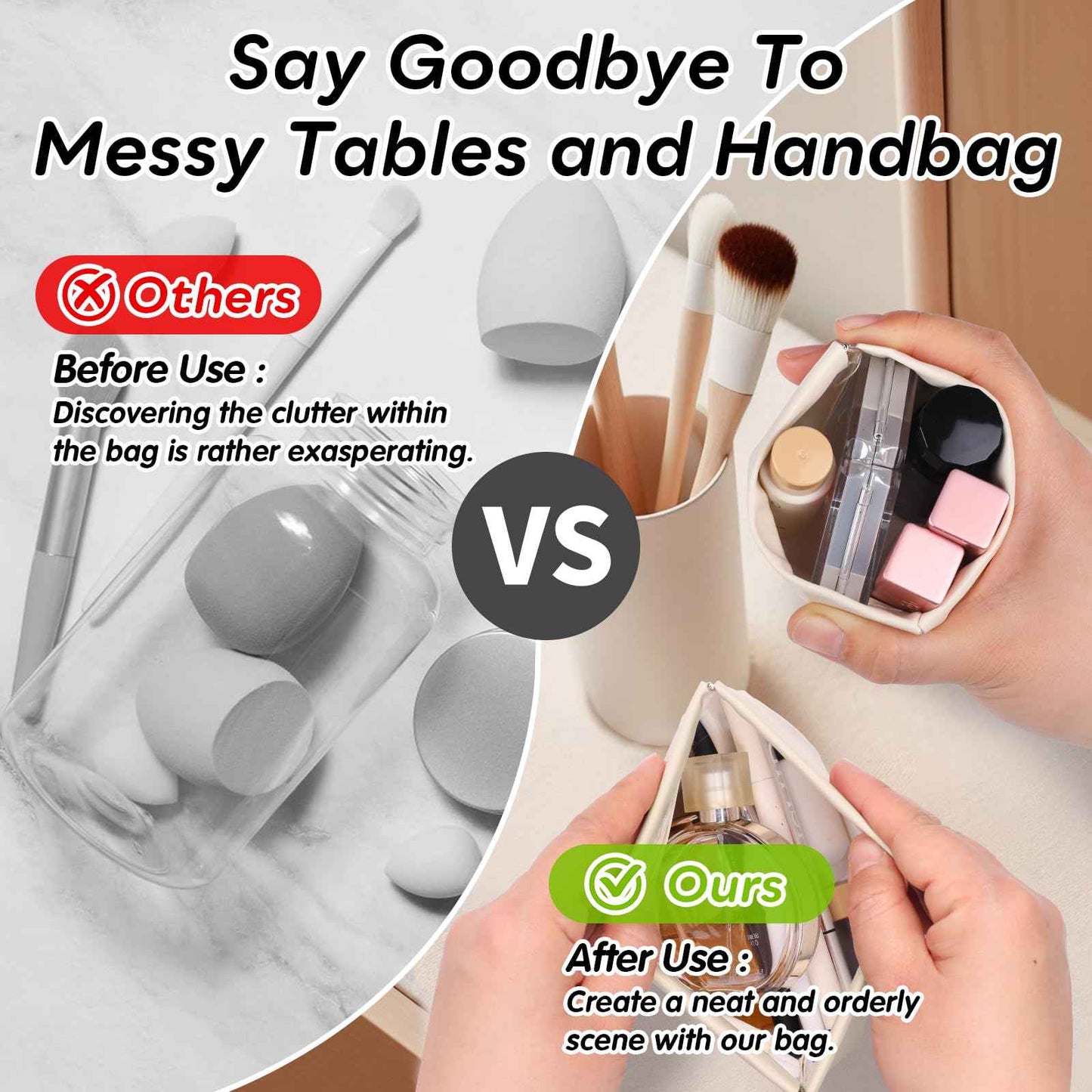 Makeup Bag for Purse:GloréBrochas PU Leather Makeup Pouch Set Large & Small Portable Cosmetic Bags, Waterproof Squeeze Top Coin Purse,Travel Organizer for Makeup,Lipstick, Jewelry,Earbuds(White)