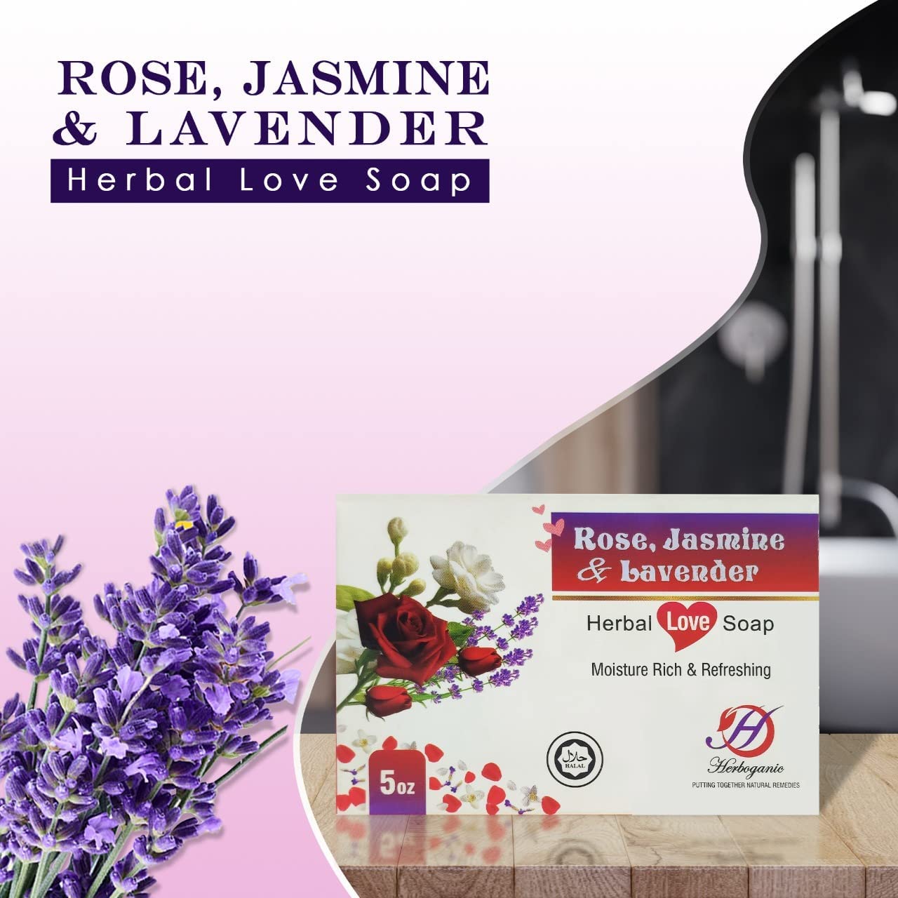 HERBOGANIC Rose, Jasmine & Lavender Herbal Soap | Natural Rose Soap Bar with Jasmine and Lavender Extracts | All Natural | Equally Effective for Men and Women | 5 oz Bar | Pack of 3