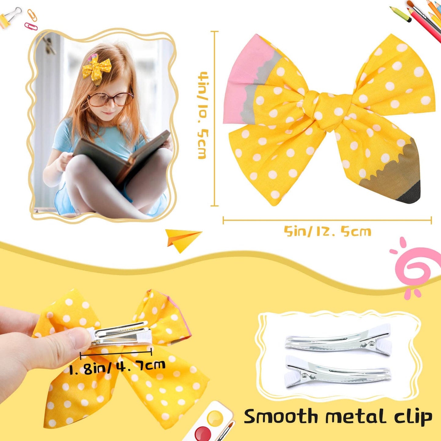 2PCS Back to School Pencil Cheer Hair Bows, Oaoleer Linen Yellow Pencil Hair Bows Clips for Girls Toddler Kids Kindergarten 1st 2nd 3rd 4th 5th Grade (Type A)