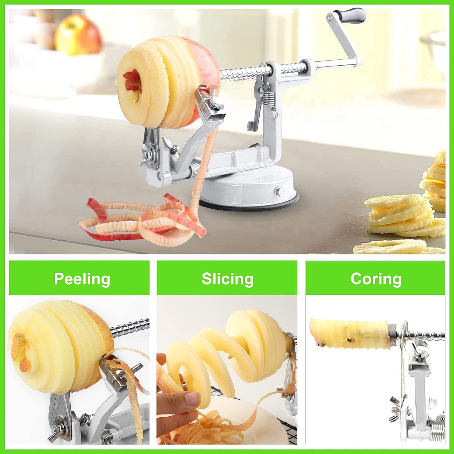 Apple Peeler Corer, Long lasting Chrome Cast Magnesium Alloy Apple Peeler Slicer Corer with Stainless Steel Blades and Powerful Suction Base for Apples and Potato(White)