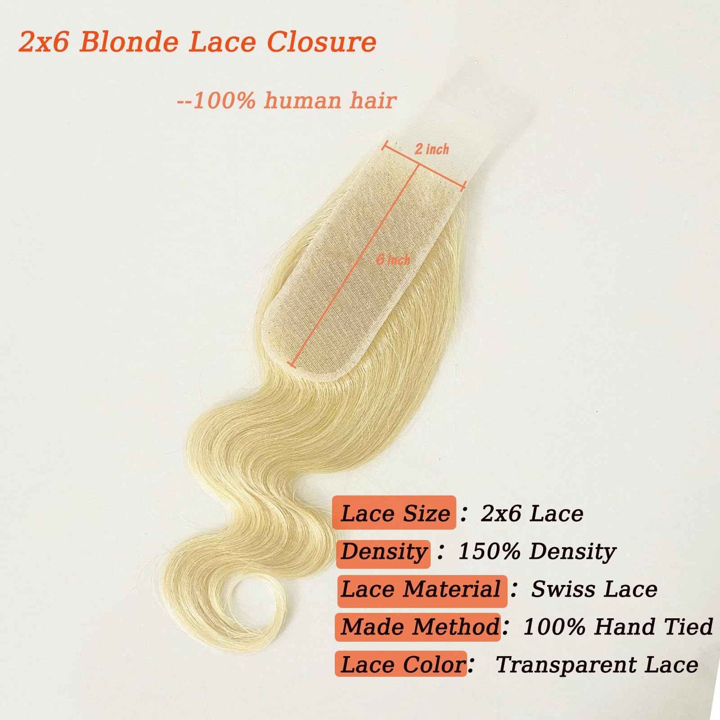 Blonde 2x6 Lace Closure Color #613 2x6 Transparent Lace Closure 100% Human Hair Free Part 150% Density Bleached Knots Pre Plucked With Baby Hair 14 Inch