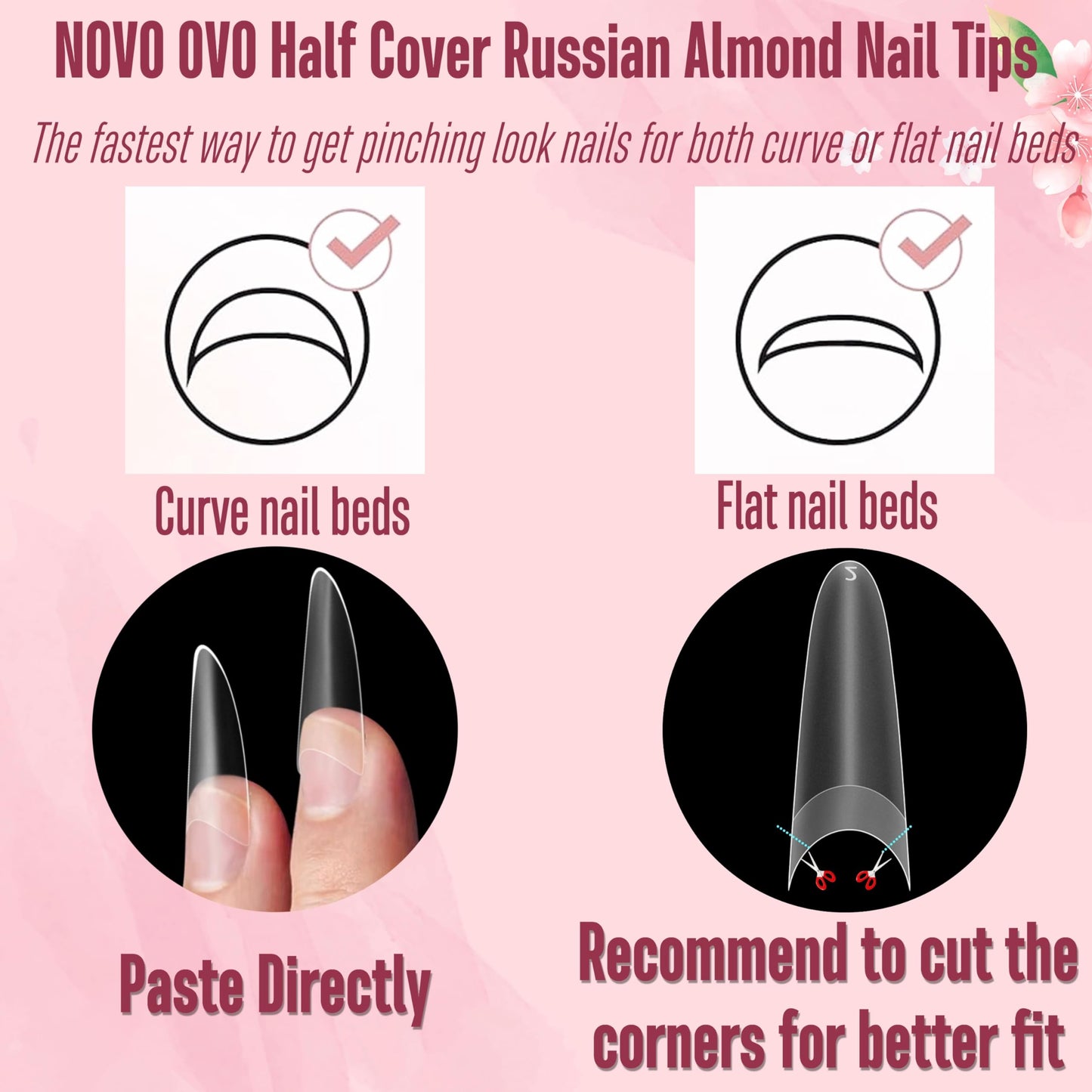 NOVO OVO Nail Tips Russian Almond Round Oval, Soft Gel x Acrylic Half Cover Nail Kit for Russia 3D Sculptured Edge Fake Nails Manicure, Extra Long XL XXL Pre-etched French tip Press on 12 sizes 320pc