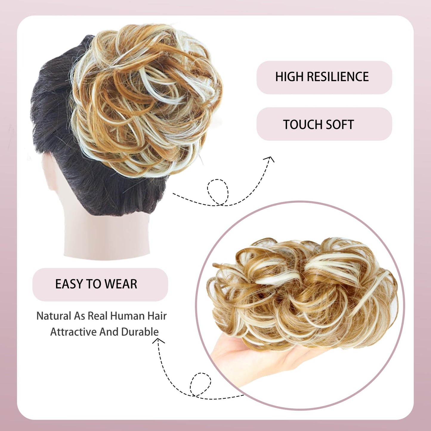 Lynclare Messy Bun Hair Piece Wavy Synthetic Hair Extension，Curly messy Bun Scrunchie Extensions for Women， Chignon Updo Ponytail Hairpieces with Elastic Rubber（Light Ash Brown & Bleach Blonde）