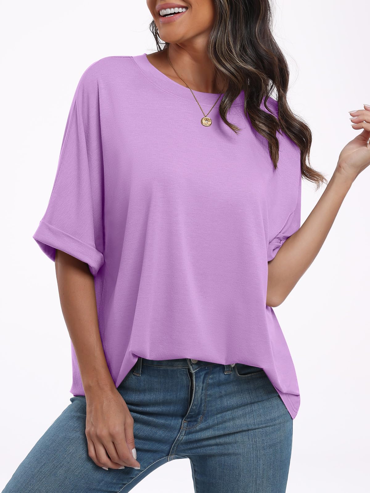 ANRABESS Women's Oversized T Shirts Short Sleeve Crewneck Summer Tops Casual Loose Basic Tee Shirts 2024 Trendy Clothes Lilac Small