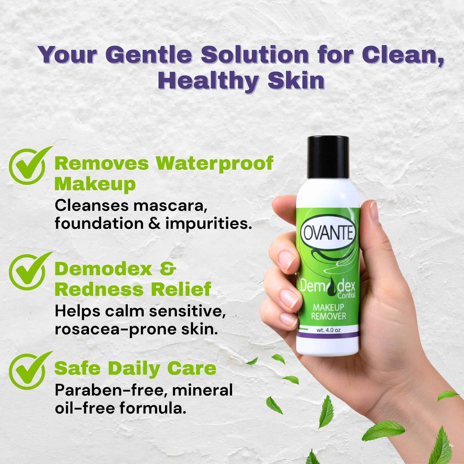 Ovante Demodex Mite Eliminating Face Wash & Make Up Remover With Tea Tree Oil For Human With Demodex Mite, Rosacea, Blepharitis, Itchy Eyelids & Lashes - 4.0 oz