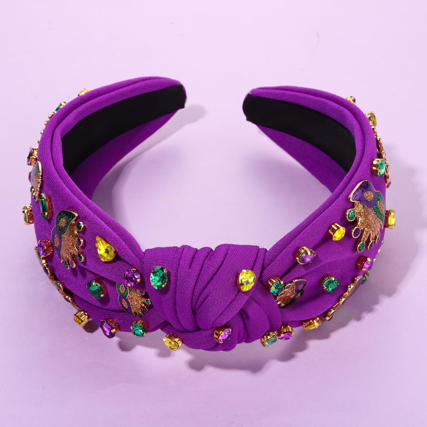 GLBCC Mardi Gras Headband for Women Mardi Gras Masks Knotted Headband Purple Rhinestone Jeweled Wide Hairband Carnival Parade Outfit (crown mask hairband purple)