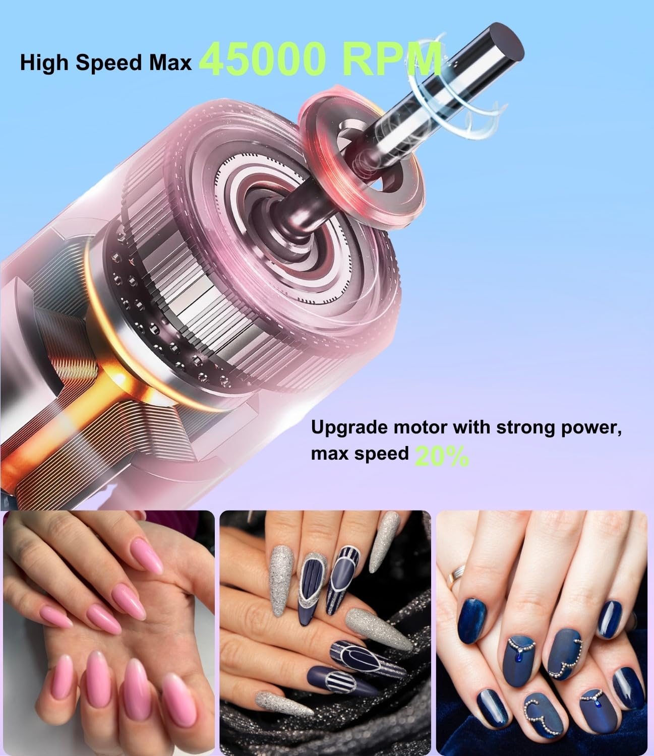 Nail Drill 45000RPM, Rechargeable Nail Drill Cordless, Professional Electric Battery Operated Nail File for Thick Toenails with11 Bits Kit for Manicure Remove Gel Polish