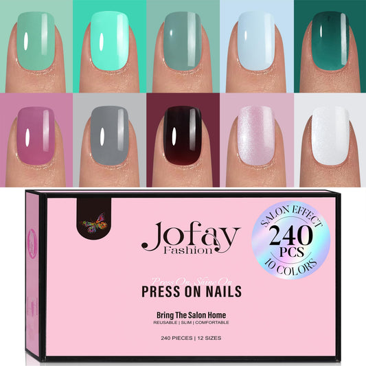 240Pcs Press on Nails, Jofay Fashion False Nails Tips - Acrylic Nail Tips 10 Packs Nails Press on Acrylic nails Kit Green & Pink Glitter & White Solid Color Artificial False Nails With Nail Glue 7 ml