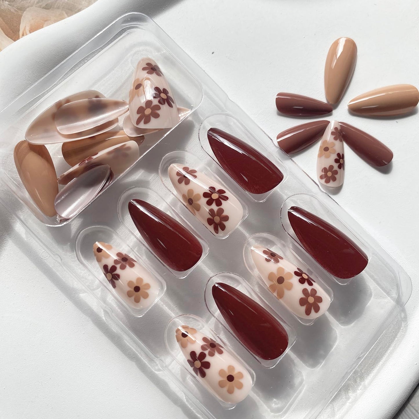 Fall Press on Nails Almond Shape Fake Nails Light Brown Glue on Nails Full Cover Acrylic Nails Flower Designs Autumn Press on Nails Medium Length Stick on Nails Thanksgiving Day for Women Girls 24 Pcs